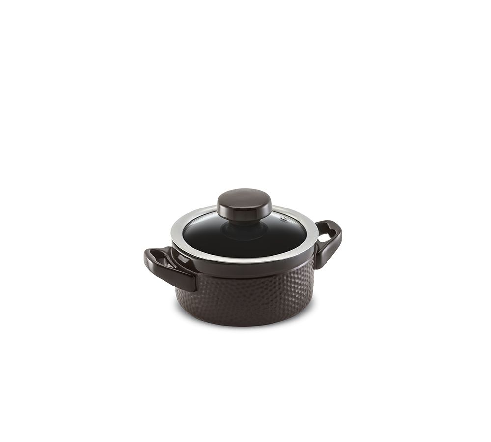 Caçarola Martelada 14cm 500ml - Chocolate (Glass) Elas São Ideais Para O Preparo Individual De Refeições. Evita Desperdícios E Garante À Refeição Um Visual Único E Moderno. Além disso as panelas